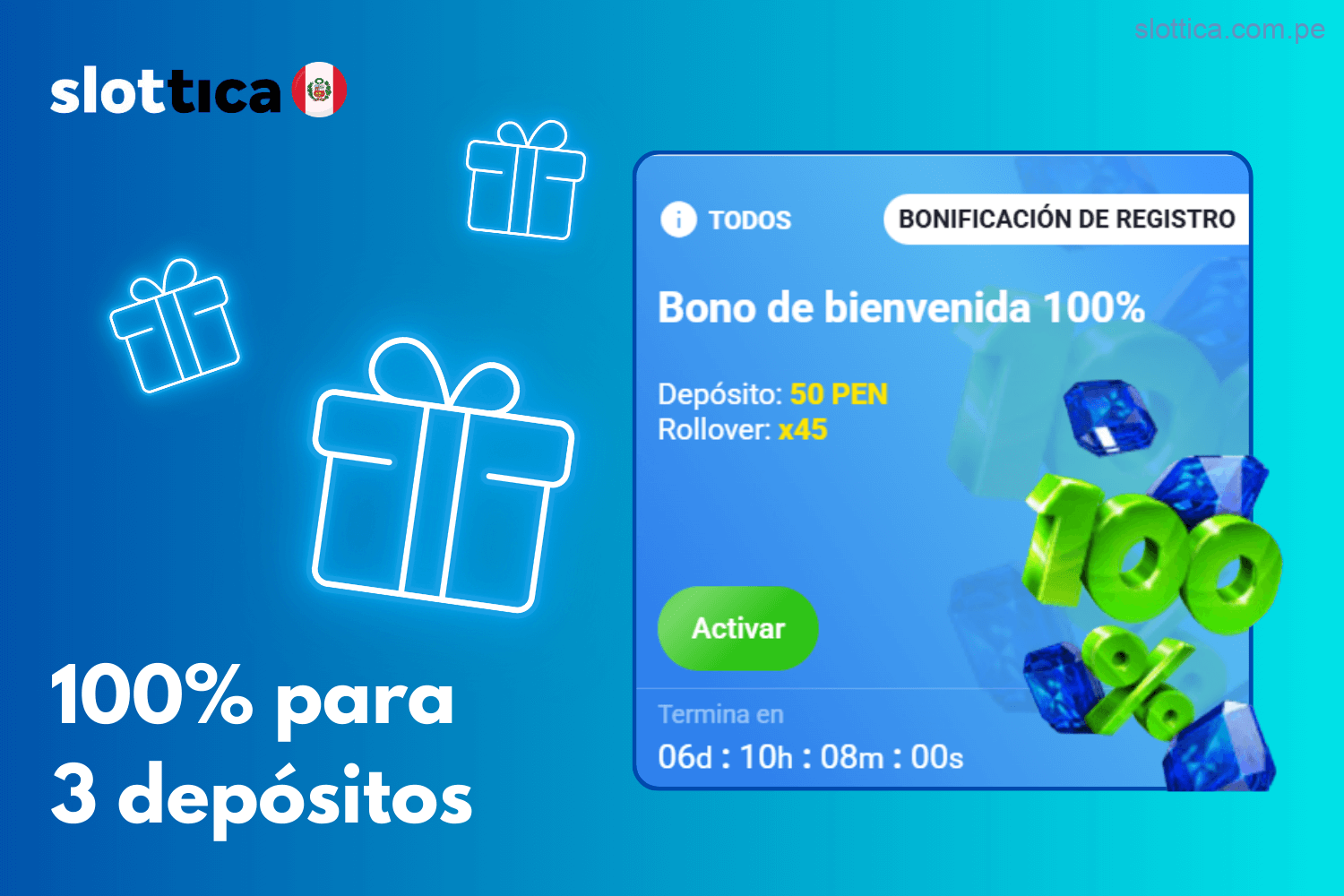 100% de bonificación en el tercer depósito en Slottica Casino Perú
