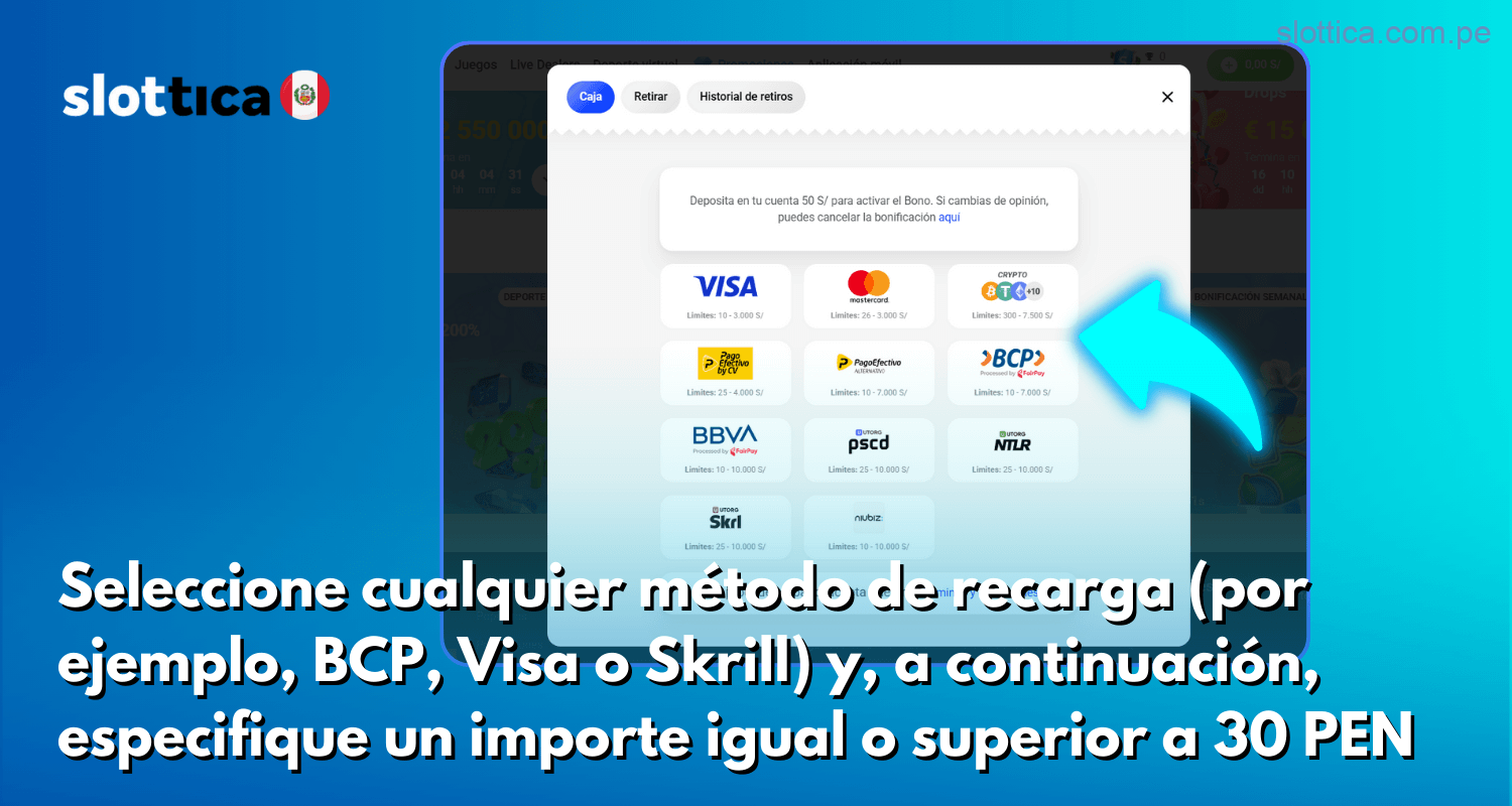 Pulse en Recargar cuenta al final de la ventana y reciba su bonificación de bienvenida en Slottica Perú