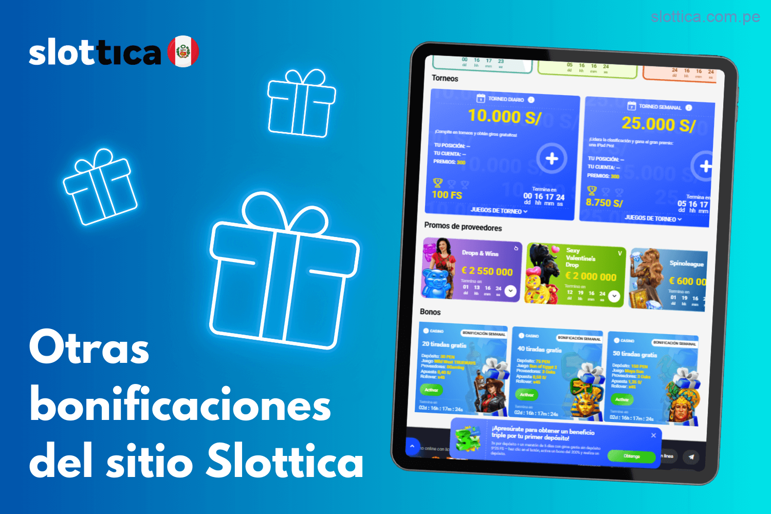 Otras promociones disponibles en Slottica para jugadores peruanos